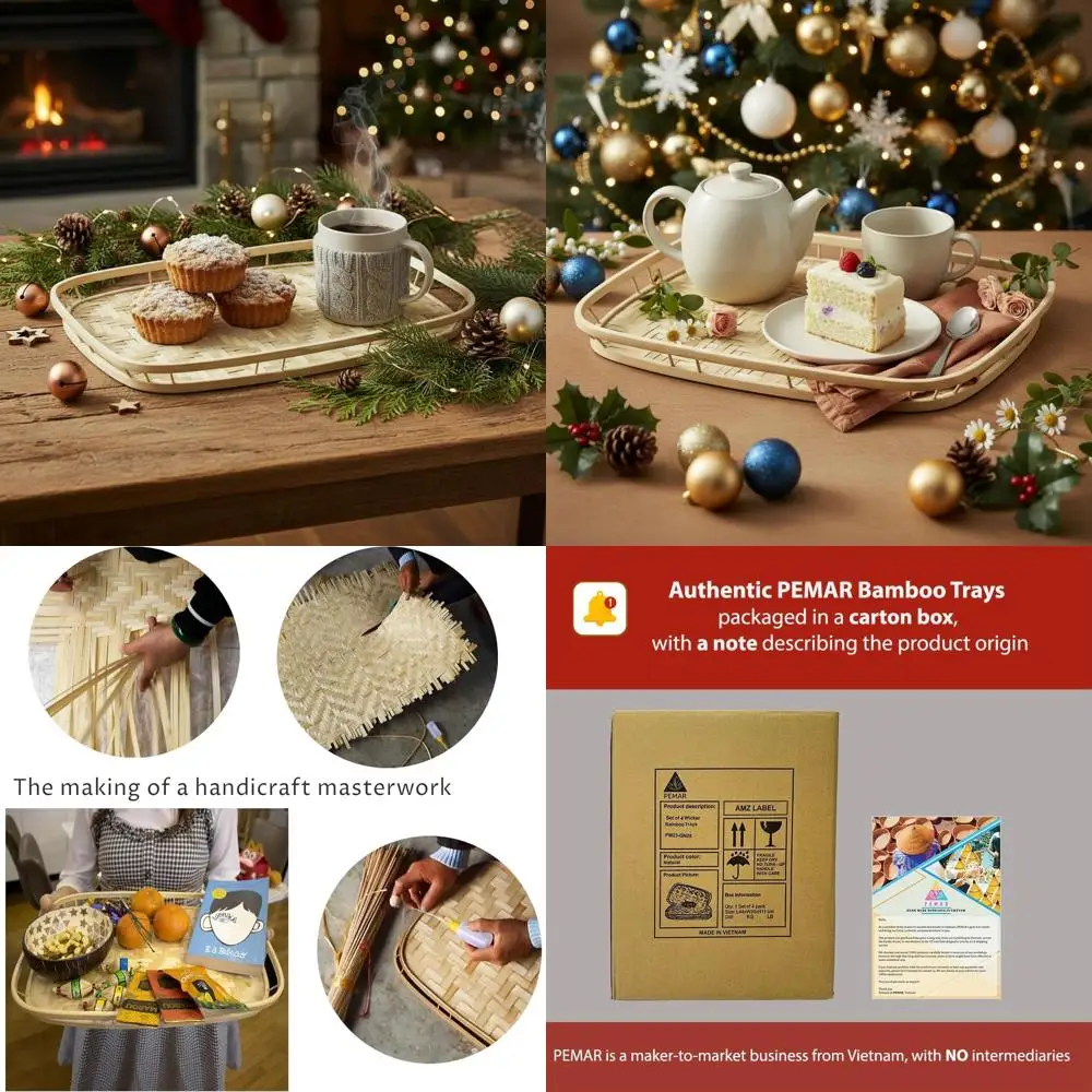 

4-Piece Bamboo Wicker Rectangular Serving Trays with Handles, Decorative Wooden Platters for Breakfast, Coffee, and Bedtime Dini