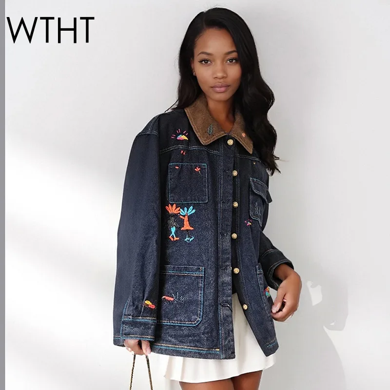 

WTHT модная новая женская джинсовая куртка в стиле пэчворк с вышивкой для тяжелой промышленности, осень 2022, свободное пальто с длинными рукавами и лацканами, женское 1LS2553