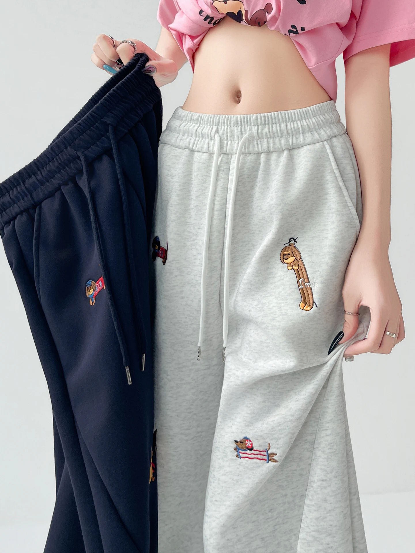 

Ladies Cartoon Embroidered Wide Leg Pants Lazy Style Sports Casual Trousers High Waist Elastic Waistband Spring Summer