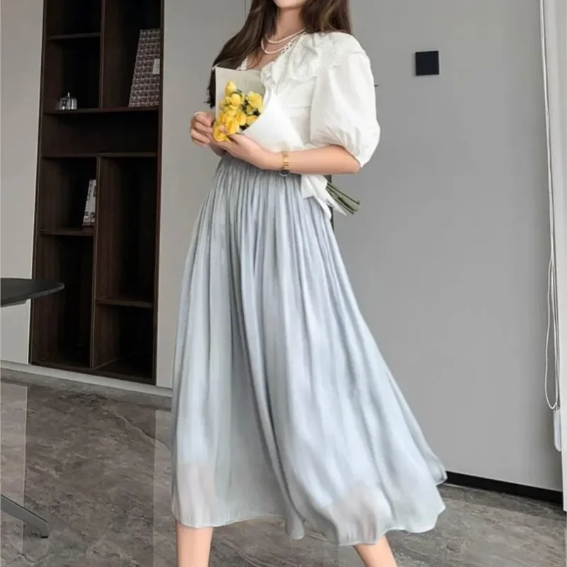 Skirts Hot Casual Women Summer Elegant Chic Solid Skirt High Waist Gilding Luxury Fashion Long Skirts