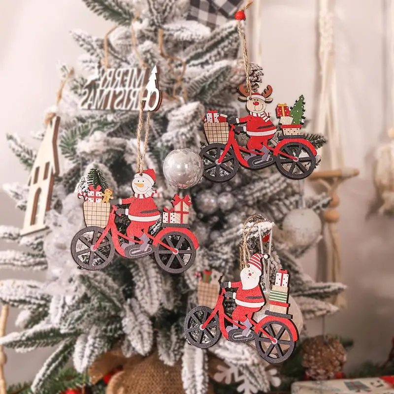 Wooden Bicycle Christmas Tree Pendant Snowman Tree Hang-On Ornaments Hollow Santa Claus Crafts Christmas Party