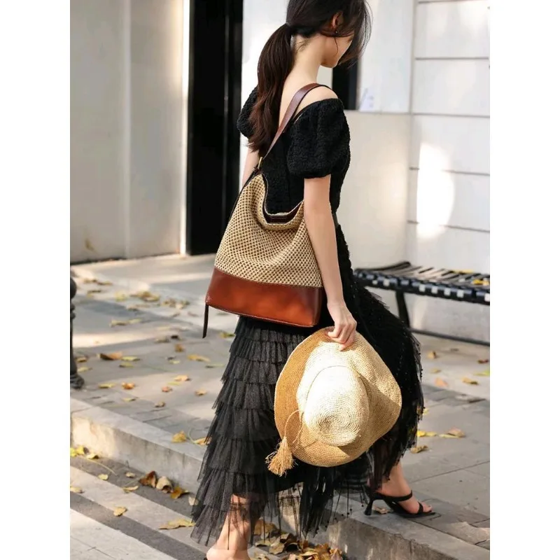 2024 New Bucket Women's Bag Retro Two-Layer Cowhide Hollow Bag Single Shoulder Armpit Large Capacity Crossbody Bag