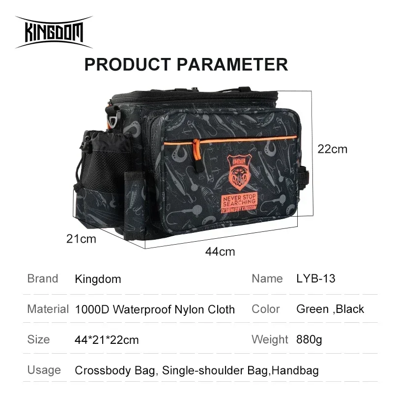 Kingdom Multifunctional Fishing Tackle Bag 44*21*22cm 1000D Nylon Waterproof Large Capacity Outdoor Sport Fishing Shoulder Bag