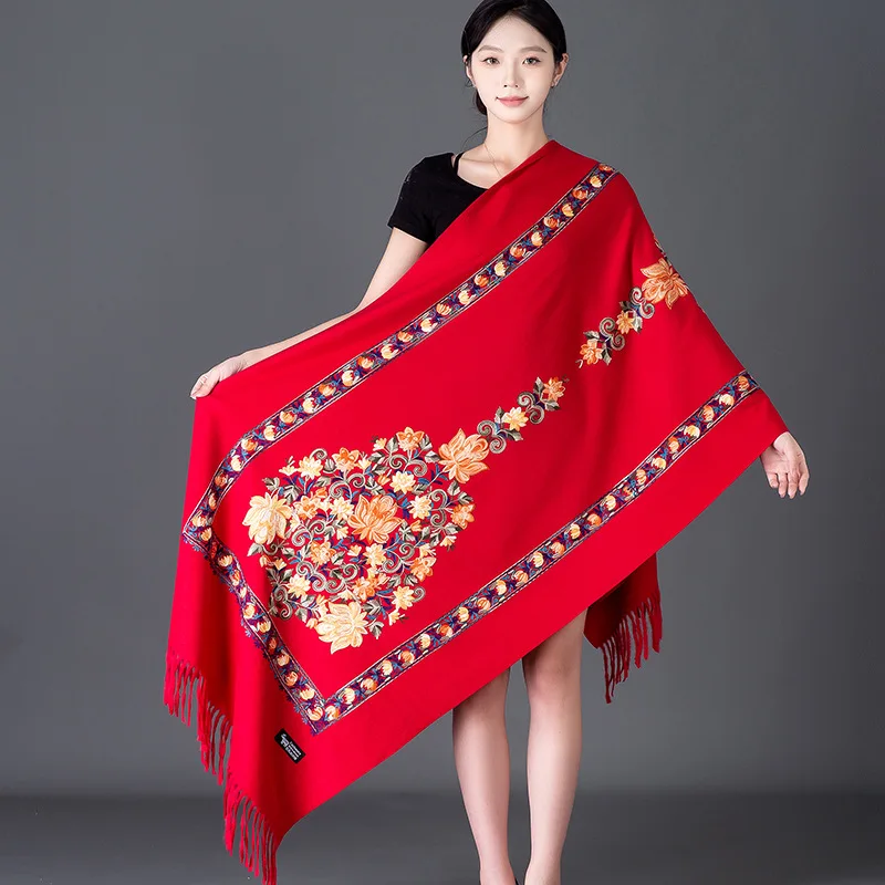 Thickened Embroidered Faux Cashmere Scarf Nepalese Tibetan Style Winter Wrap Women's Vintage Ethnic Travel Autumn Winter