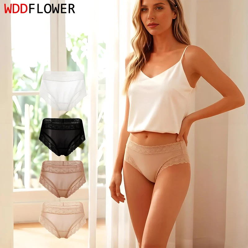 4-ピース-ロット女性ミッドライズパンティー-100-桑シルクレースセクシーな居心地の良いブリーフ下着快適で健康的な日常着-tb011