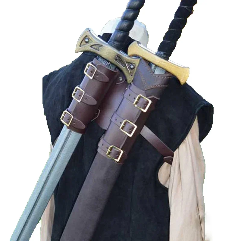 Medieval Knight Back Double Scabbard Shoulder Strap Sword Holder Sheath Scabbard Frog Adult Leather Kit Gear Weapon Costume Prop