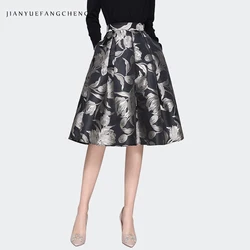 Women Grey Floral Mid-length Skirt 2024 Spring New HIgh Waist A-Line Pleated Knee-length Skirts With Pockets Tutu Skirts