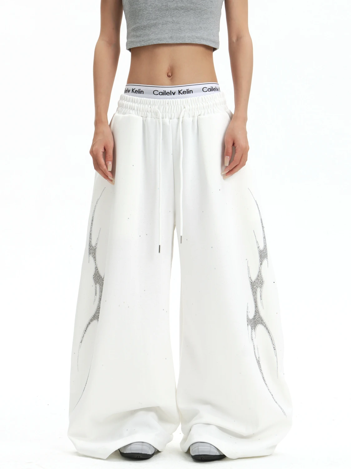 Ganyoou American Style Star Flame Rhinestone Bend Knife Pants Loose Dancing Wide Leg Casual Trousers for Men And Women