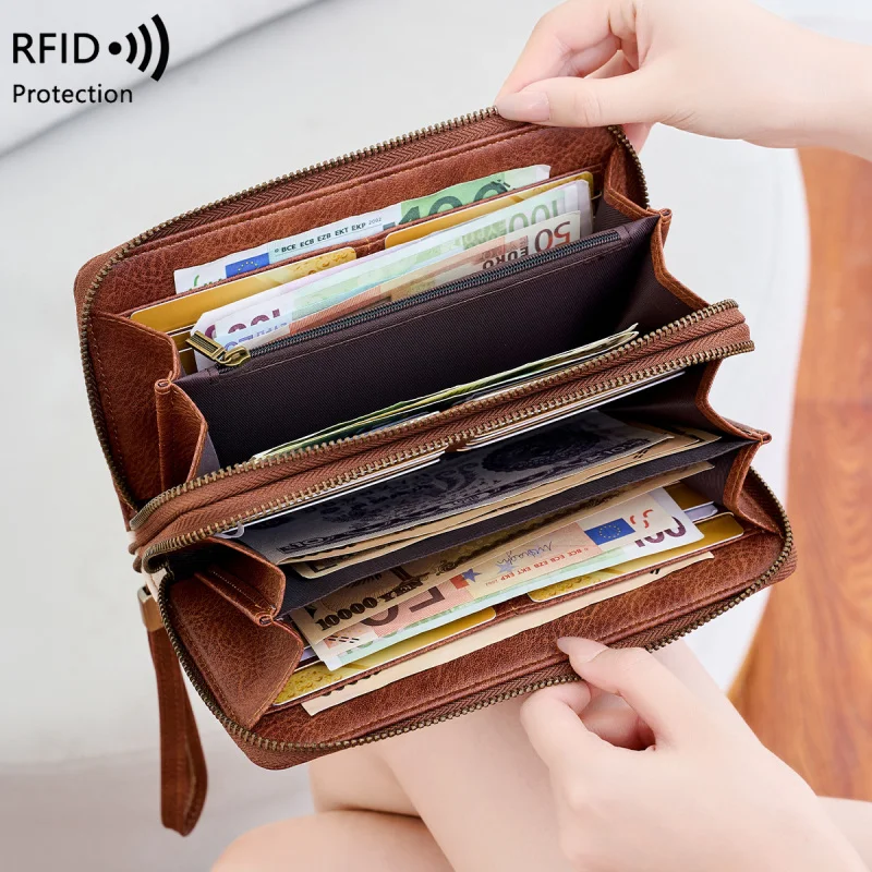 Western RDIF Blocking Double Zipper Contrast Color Long PU Leather Men Wallet Large Capacity Purse for Women