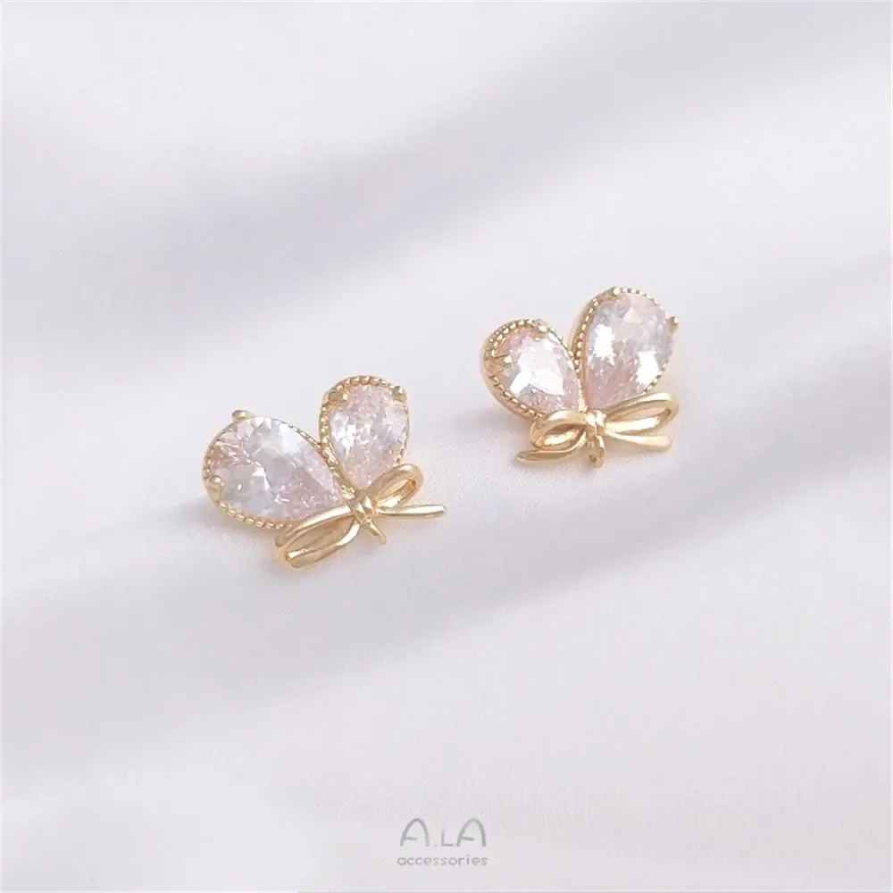 

14K gold package Big water drop zircon butterfly with sling ring ear studs 925 silver needle handmade diy earring accessories