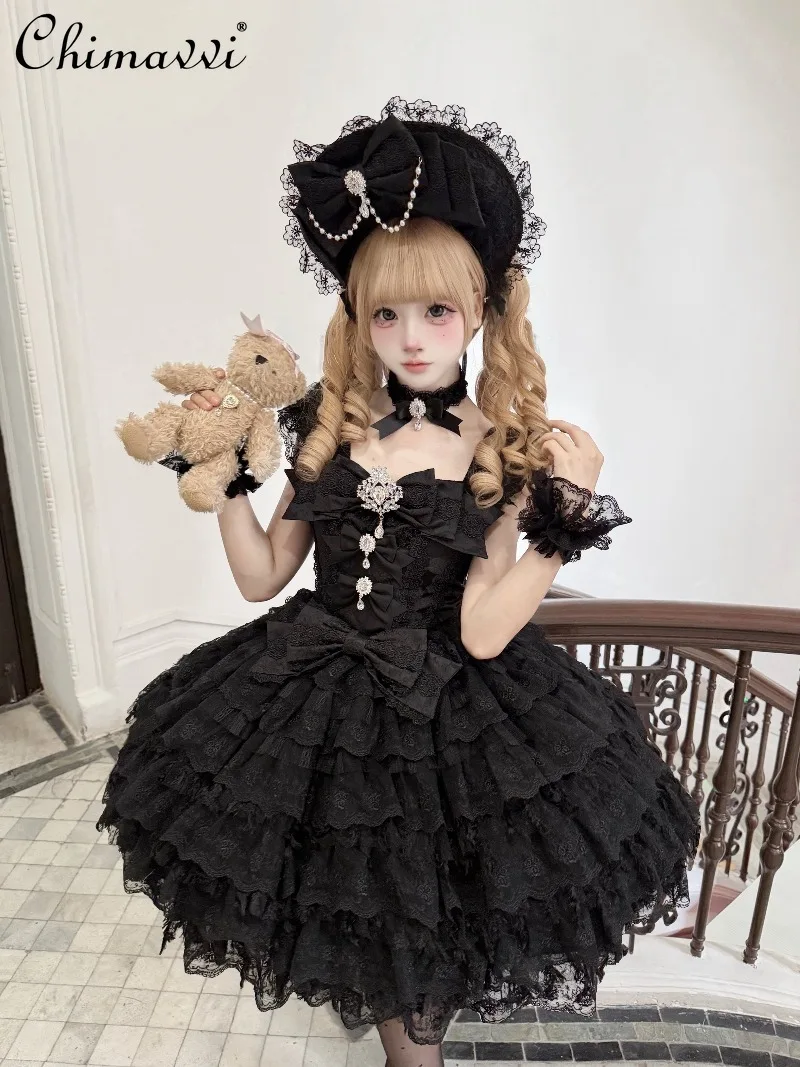 

Original Design Lolita Wedding Dress Cute Bow Lace Jsk Slip Dresses Summer New Fairy Light Lolita Bridal Princess Black Dress
