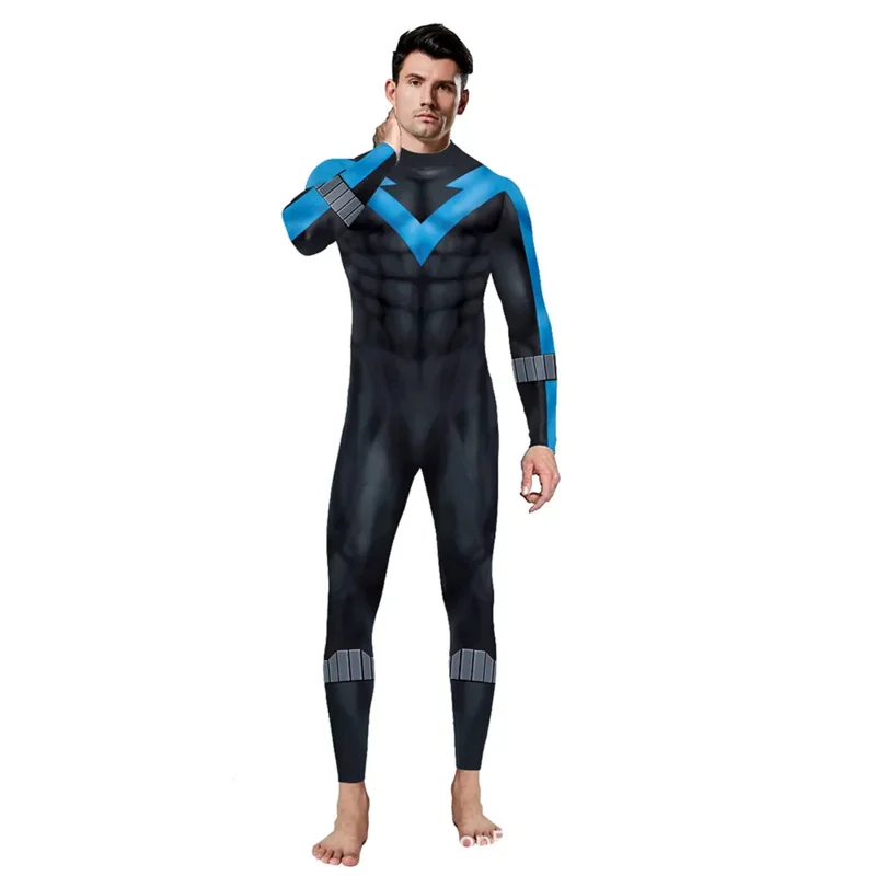 Superhero Nightwing Men Cosplay Zentai Bodysuit Dick Grayson Jumpsuit Costume Halloween Party Cosplay Catsuit Spandex