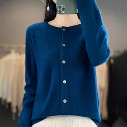 New Fashion Autumn And Winter Wool Pullover Knitted Cardigan Solid Color Long Sleeve Top 100% Pure Wool Knitted Cardigan-WQ011