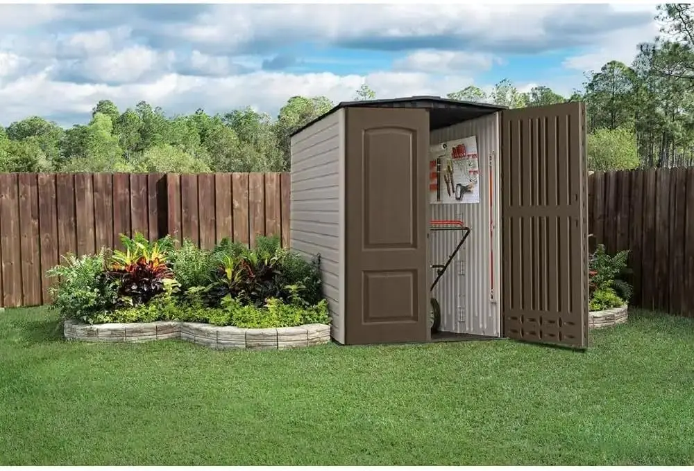 

Large Vertical Resin Outdoor Storage Shed With Floor (5 x 6 Ft), Weather Resistant, Brown, Organization for Home/Backyard