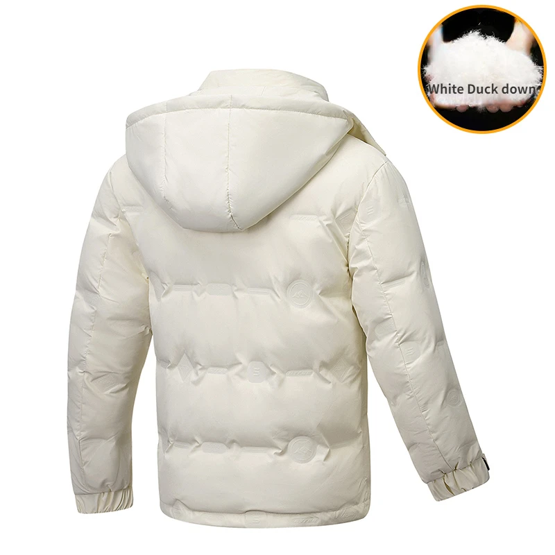 Casaco de pato branco com capuz masculino, leve, destacável, quente, casual, à prova de vento, luxo, roupa de neve, inverno