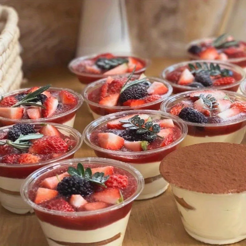 50PCS Dessert Cups Bowls Container with Dome/Flat Lids Disposable Plastic Cups Ice Cream Drinks Snacks Desserts Parties Birthday