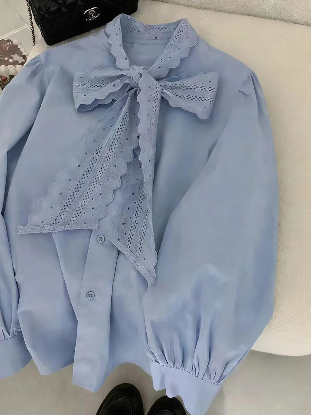 

Fashionable Blue Long Sleeve Women's Shirt Korean Style Commute Unique Design Spring 2026 Polyester Fiber Knot
