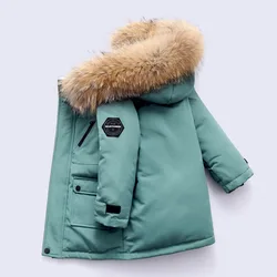 4-12 Years Winter Boys Down Jacket Thicken Keep Warm Fur Collar Kids Long Style Hooded Coat Teenager Children Outerwear Clothing