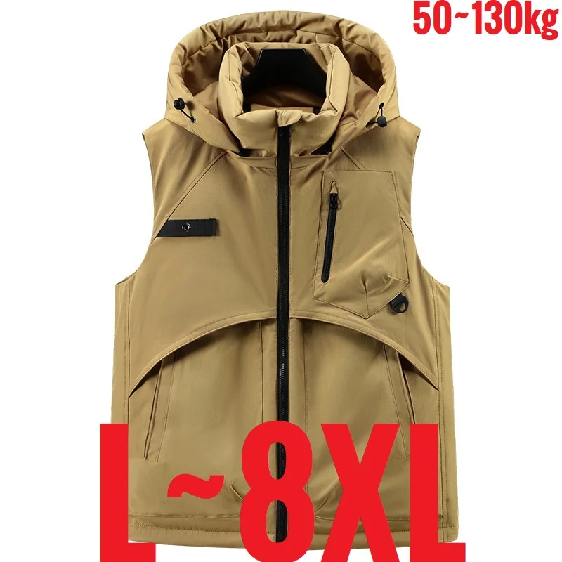 

Большой размер 8XL, мужской жилет с капюшоном на молнии, куртка без рукавов, мужской хлопковый стеганый жилет, большой зимне-осенний теплый водонепроницаемый жилет