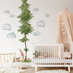 Watercolor Pine Tree Cloud Mushroom Wall Sticker Bedroom Kids Room Woodland Wildlife Wall Decal Playroom Home Decor