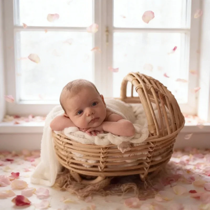 ヴィンテージラタン製クレードルチェアバスケットコンテナ、赤ちゃん写真撮影用小道具、ベビーベッド写真撮影用ベッド、必須スタジオ写真ポージング用小道具