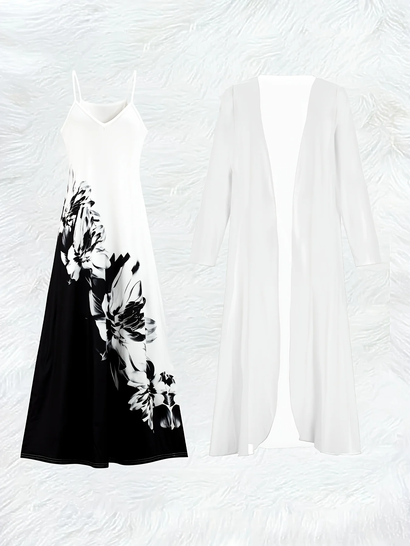 カジュアルな黒と白の花柄プリント長袖ドレスセット レディース - Midi Skirt Floral のレビューと価格