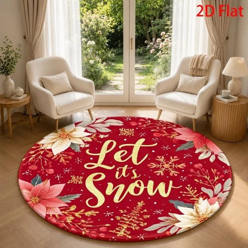Winter Red Bauble Holly Round Area Rug, Berry Pine Printed Floor Mat, Christmas Decor Carpet for Living Room Bedroom