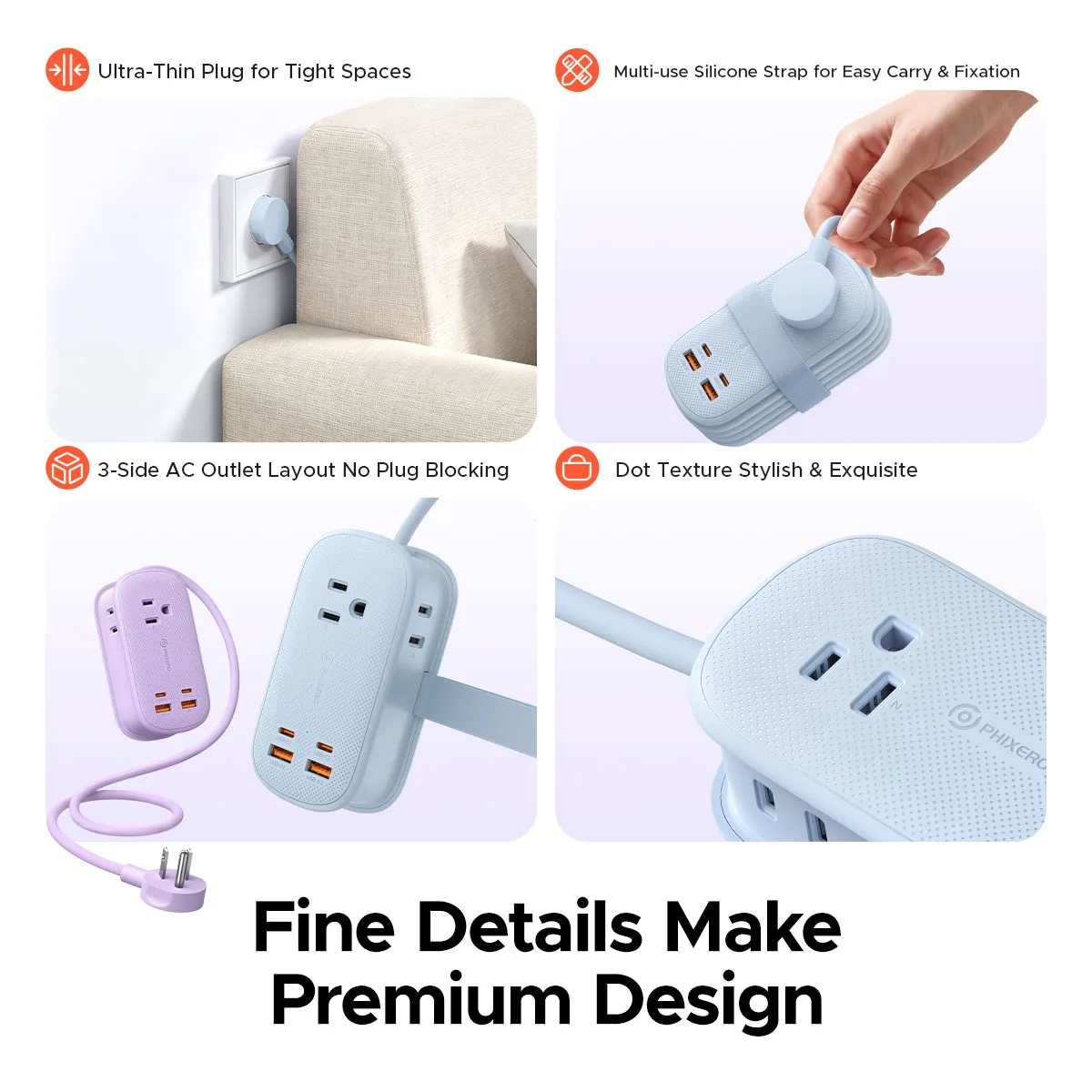 PHIXERO PhiPlug Power Strip Portable GaN Charging Station Fast Charger Extension Socket for Trip Dorm Home Office-US Plug