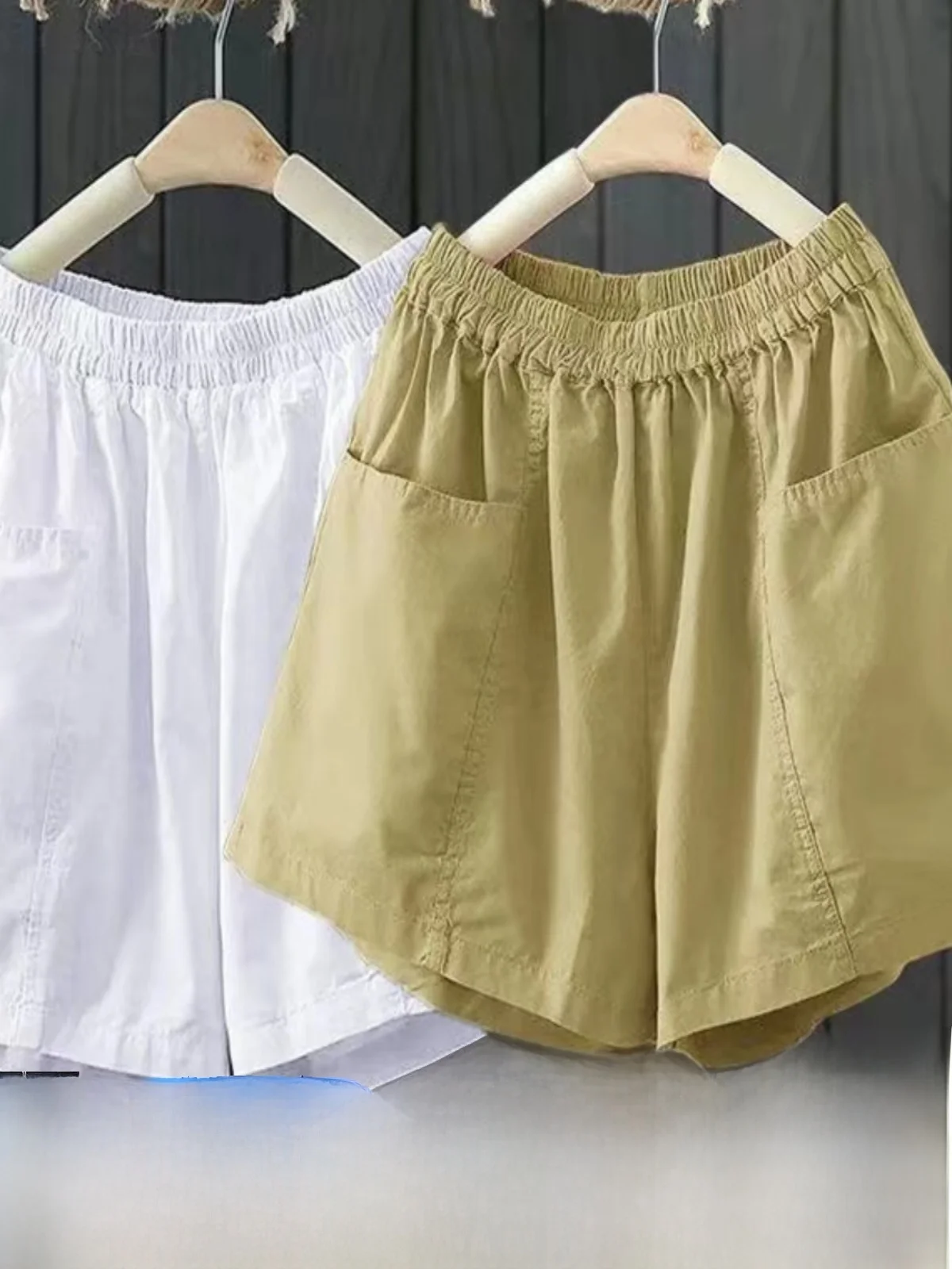 Summer Five-Quarter High Waist Wide Leg Pants Women's Outerwear Elastic Waist Shorts Korean Style Commute Pocket Detail
