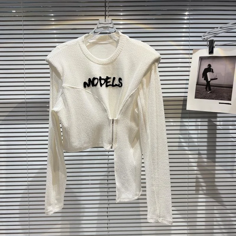 New Autumn 2023 Fashion Irregular Long Sleeve T-shirt Letter Raglan Sleeves Shoulder Pads Crop Pullovers Top Streetwear Tees