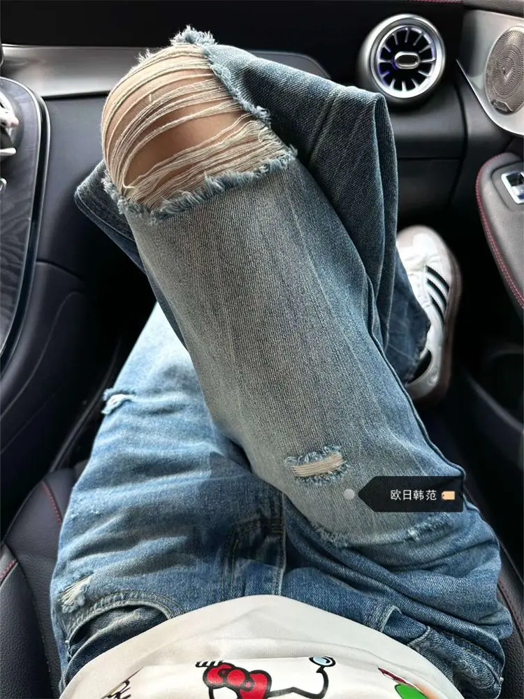 

Lazy loose ripped blue jeans for women in summer 2025 new niche slim casual fashion straight leg floor length pants