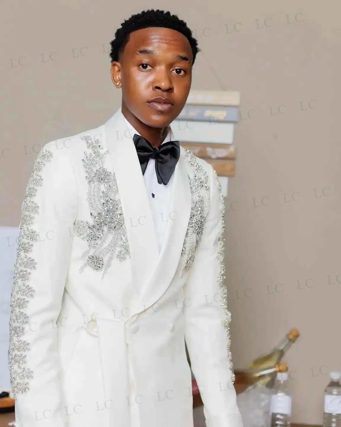 2 Potong Jas Blazer Celana Pria Setelan Jas Kerah Transparan Aplikasi Manik-Manik Desain Tuxedo Slim Pernikahan Pengantin Prom Ukuran Besar Jahitan Khusus