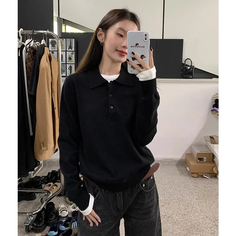 

FL Korean Polo Collar Knitted Shirt Women's 2025 Autumn/Winter Lazy Style Versatile Loose Collar Long Sleeve Top Fashion Simple