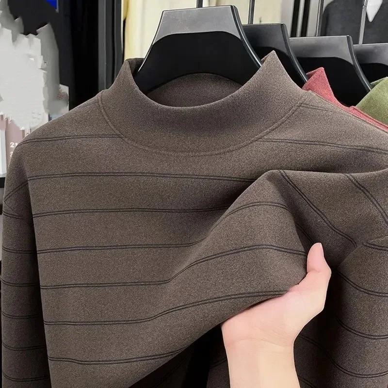 Men Half High Collar Striped Long Sleeve Tee Middle Aged Warm Casual Basic Top