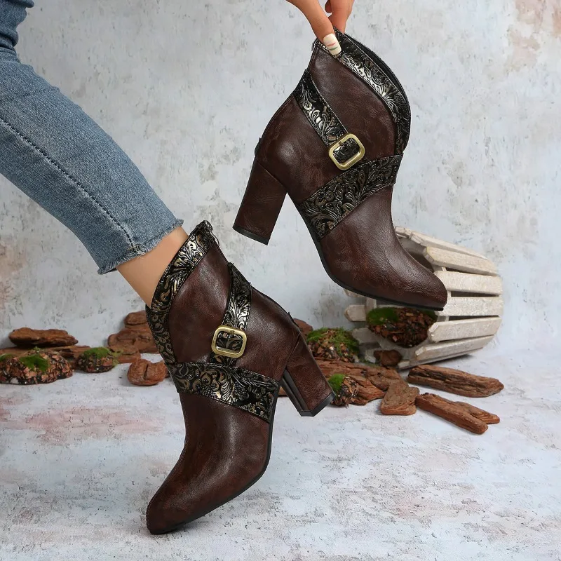 

Women Fashion Boots Retro High Heels Women Shoes Winer 2025 Designer Ankle Chunky Pumps Platform Large Size 35-45 Botas De Mujer