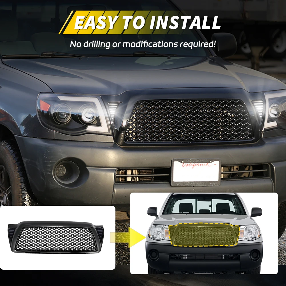 1Pcs Front Bumper Mesh Insert Grill Hood Gloss Turn Signal Light DRL Light Black Dragon Style W/LED For 2005-2011 Toyota Tacoma