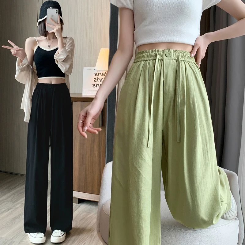 Button-Trim Drawstring Cotton Linen Pants Women Summer High Waist Wide Leg Pants Korean Style Fashion Lady Casual Pink Trousers