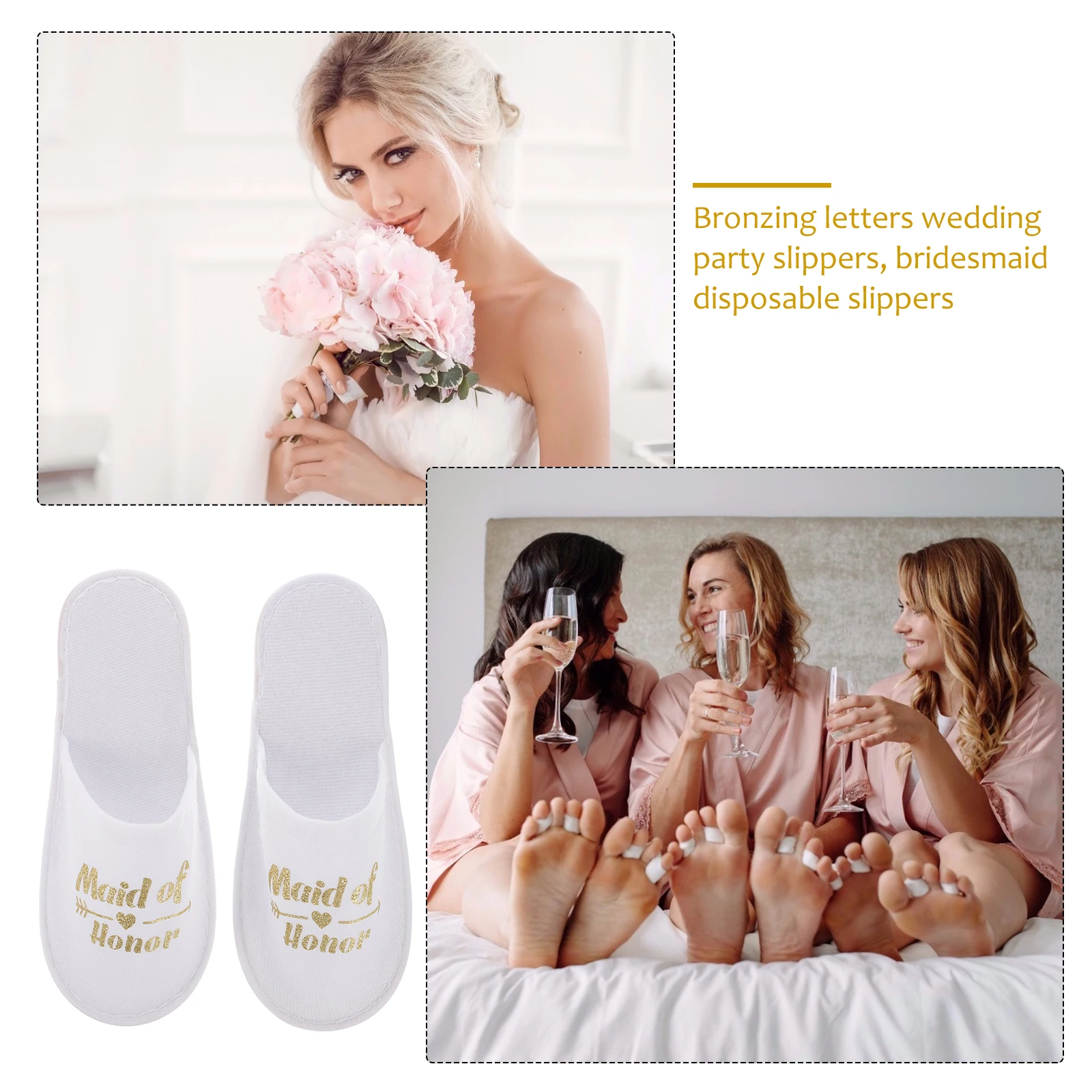 

3 Pairs Wedding Party Slippers Golden Fabric Non-slip Disposable Bridal Shower Pajama Child Size Comfortable Lightweight