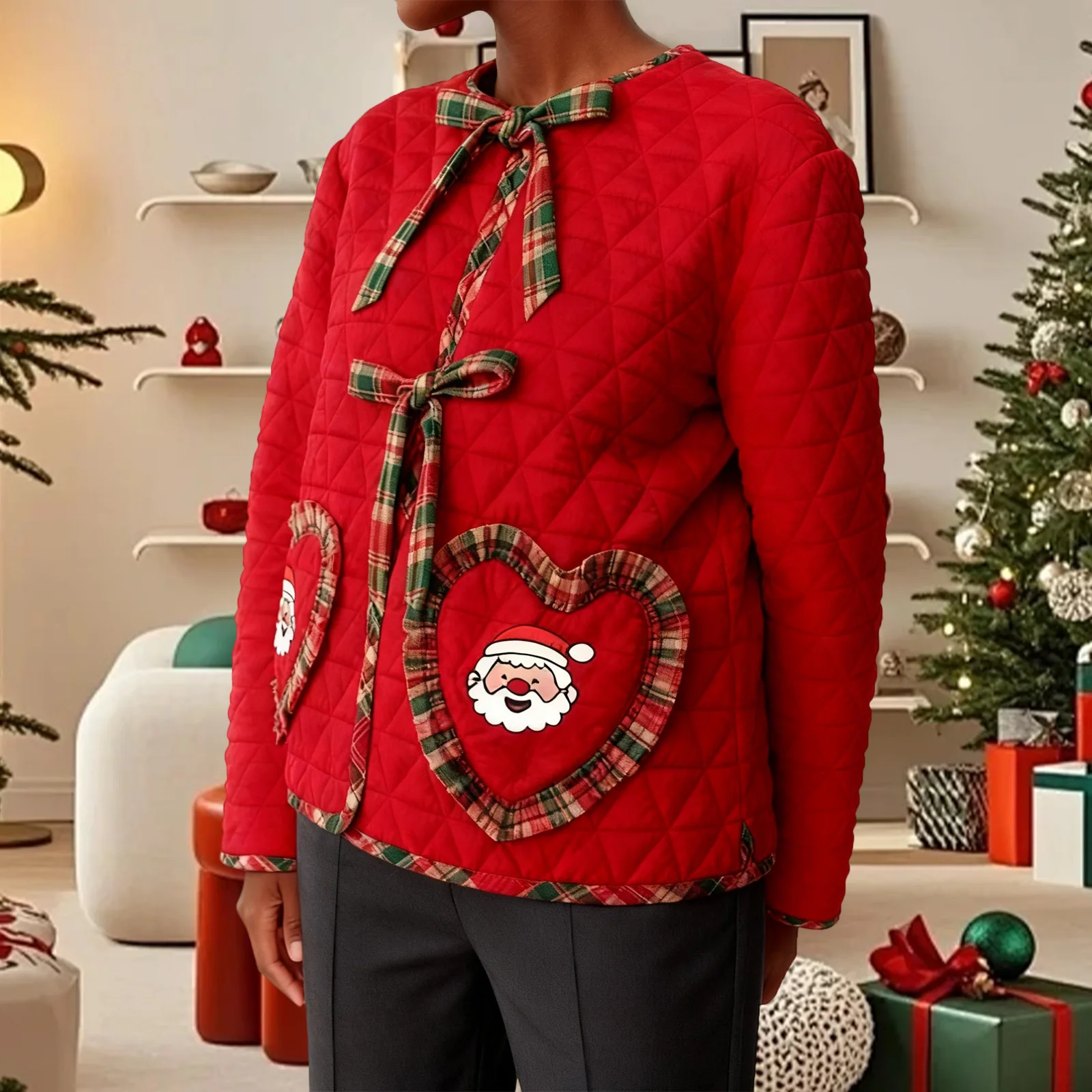 Christmas Women Quilted Jacket Festive Santa Claus Embroidery Long Sleeve Outerwear with 2 Heart Pockets