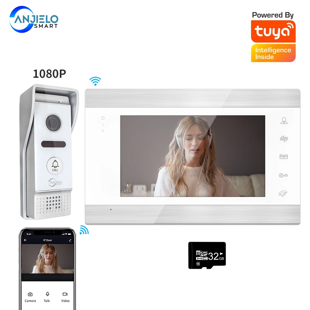 1080P 유선 비디오 도어 폰 인터콤 시스템 7 인치 컬러 스크린 모니터 와이드 앵글 나이트 비전 스마트 Tuya 원격 제어 잠금 해제, 스마트 디지털 문 전화 인터콤