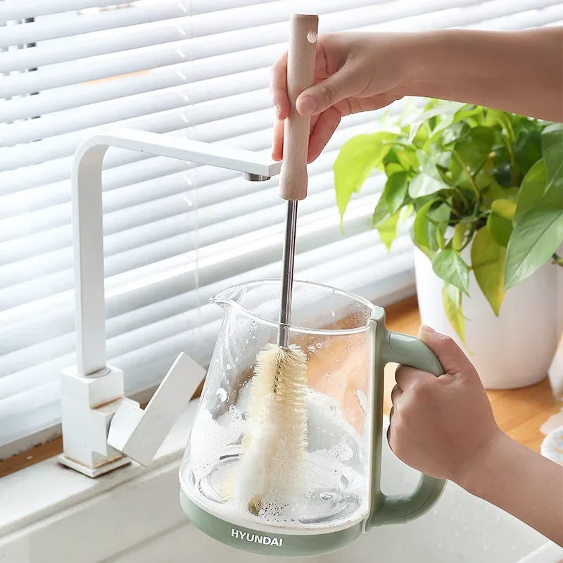 Kitchen Cleaning Brush L-shaped Coffee Tea Glass Cup Baby Bottle Brush Hangable Wooden Handle Cleaner dish brush