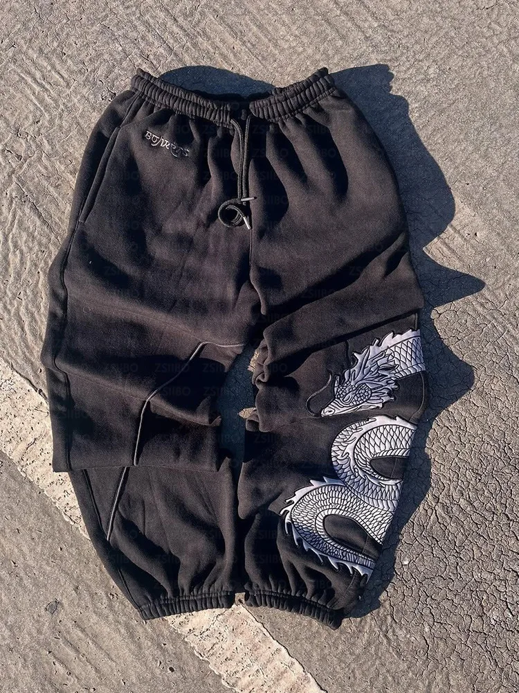 Street sports design elastic waist trousers, dragon pattern printing design drawstring loose trousers, unisex casual fashion