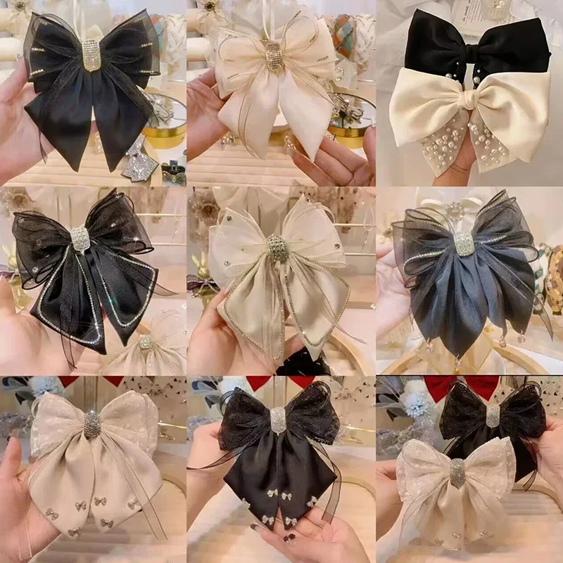 Large Black Satin Hairpin with Radiant Rhinestone Bow Fabric Hair Accessory for Women