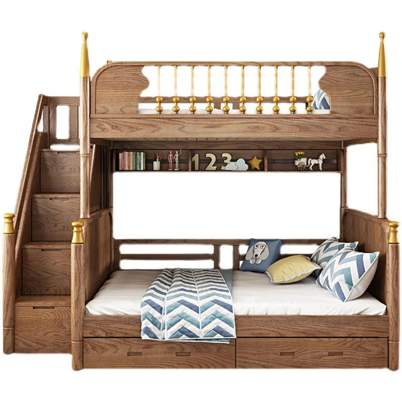 Children's misplaced high and low bed Multifunctional children's Bunk Bedroom Under the White wax all solid wood apa