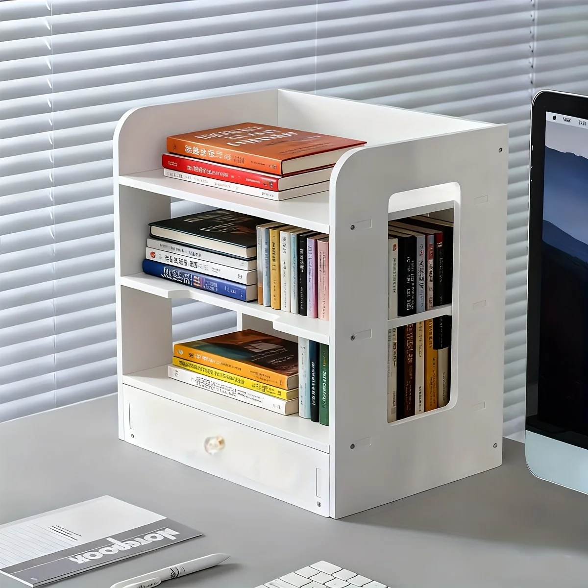Weißer 3-stufiger Desktop-Aktenorganizer mit Schublade & Fächern, Minimalistisches Schreibtisch-Aufbewahrungsregal für Büro- & Haushaltsbedarf
