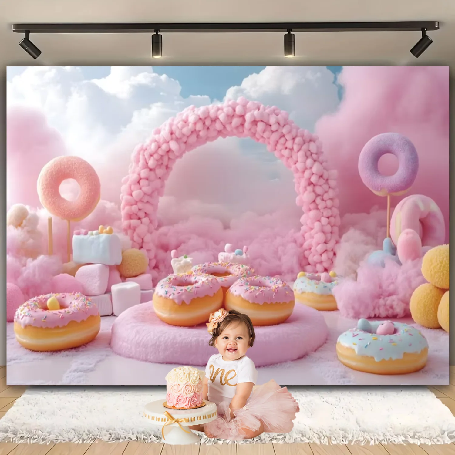 Cute Donut Teddy Bears Background Newborn Baby Pink Blue Soft Cloud Sweet Cake Birthday Party Decoration Girl Gift Prop Poster