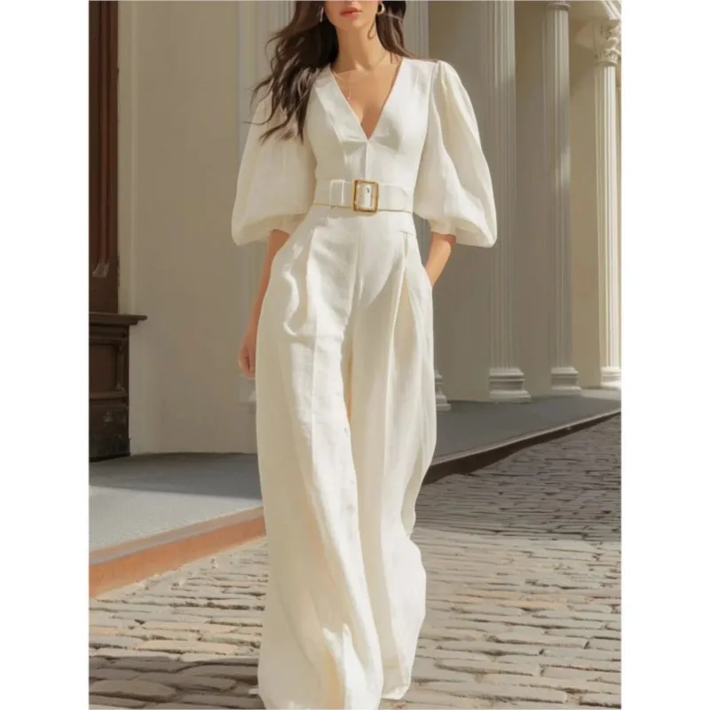 

Elegant Jumpsuit Women's V Neck Puff Sleeve Belt Free Wide Leg Casual Rompers Workplace Urban Commuting Business Sexy Jumpsuites