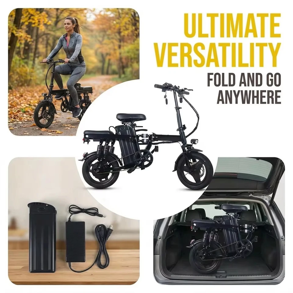 400W Folding Electric Bike for Adults, 48V 15AH Removable Battery Long Range, 14" Vacuum Explosion-Proof Tires, Dual Disc Brakes, Front & Rear Suspension, Quick Fold, Rear Cargo Rack, City Commuter E-Bike image 6