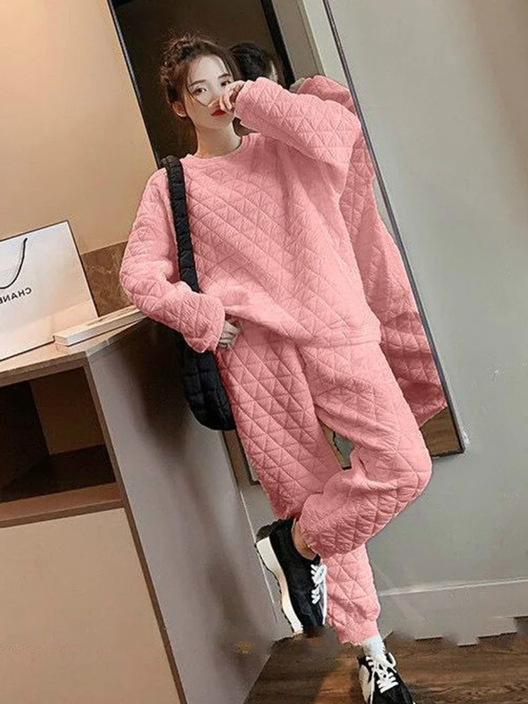 Quilted Sweatshirt O- Neck 2 Piece Set Thicken Warm Casual Thick Pullover Top Conjunto Baggy Wide Leg Ankle-length Jogger Outfit