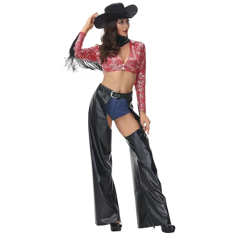 Faux Leather Woman Halloween Cowboy Costumes Female Cowgirl Cosplay Carnival Purim Parade Nightclub Bar Role Playing Party Dress